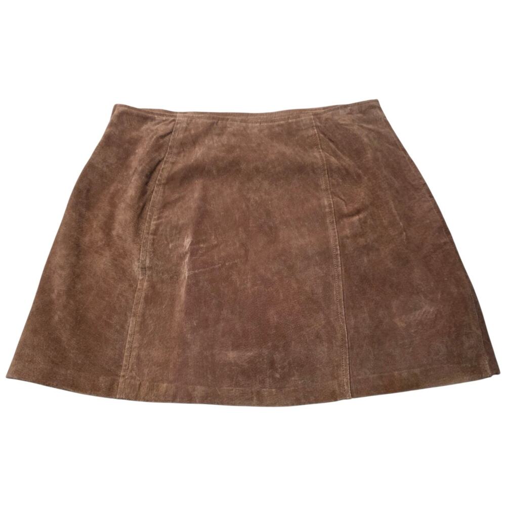 Kathy Ireland Womens 16 Brown Suede Leather Mini Skirt Vintage 90s Y2K A-Line